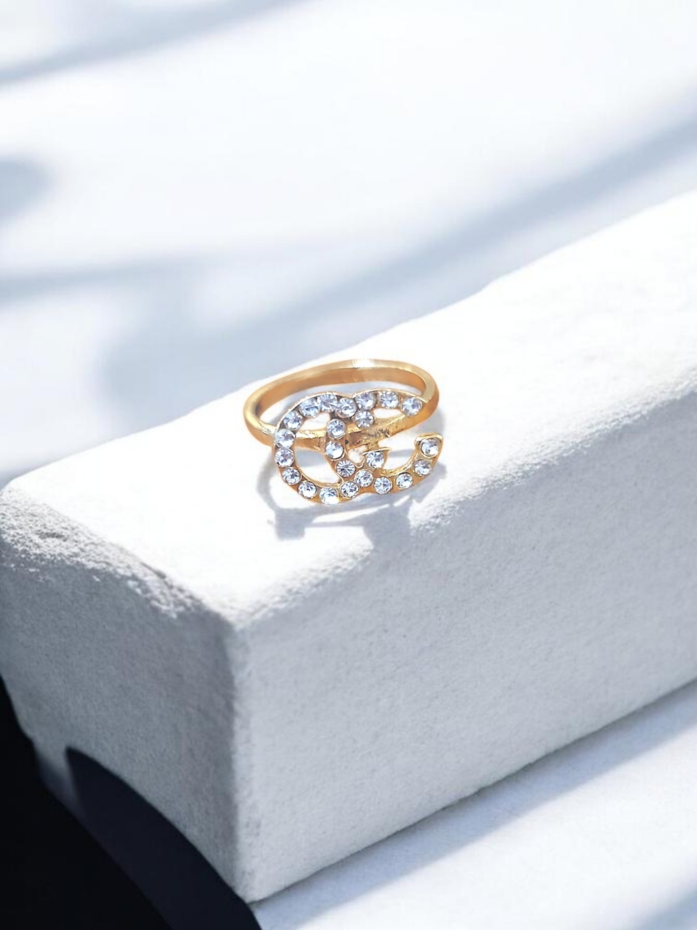 Stainless Steel Gold-Plated Crystal Double-Curve Fashion Ring